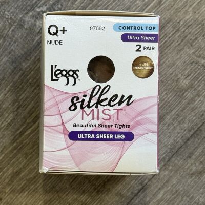 L'eggs Silken Mist Pantyhose Ultra Sheer Leg & Control Top NUDE 2 pair Size Q+
